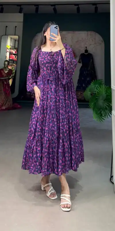 YNF 5014 Purple Color Georgette Floral Printed Work Gown Casual, Wedding, Festive, Events, Designer Party Wear, Delivery 4-6 Working Days @1849 | Gowns, Bollywood Gowns, Creative Gowns, Designer Gowns, Embroidered Gowns, Party Wear Gowns