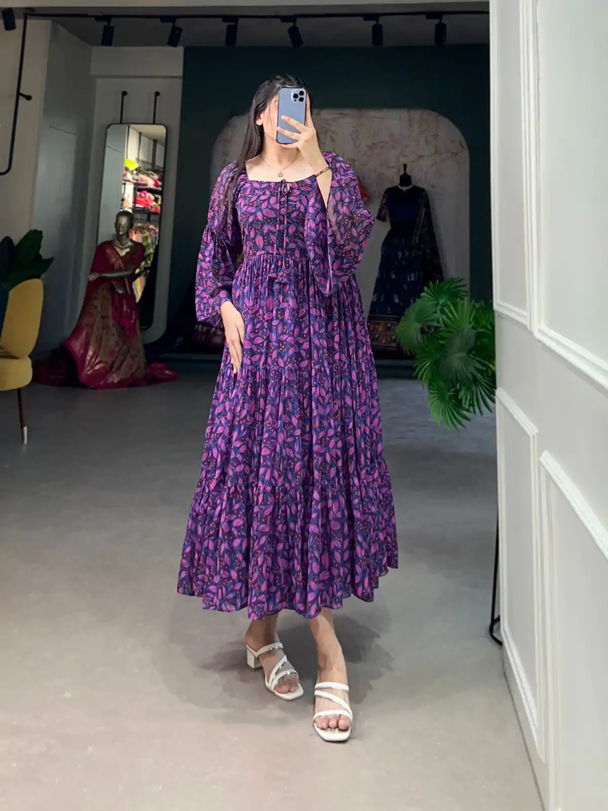 YNF 5014 Purple Color Georgette Floral Printed Work Gown Casual, Wedding, Festive, Events, Designer Party Wear, Delivery 4-6 Working Days @1849 | Gowns, Bollywood Gowns, Creative Gowns, Designer Gowns, Embroidered Gowns, Party Wear Gowns