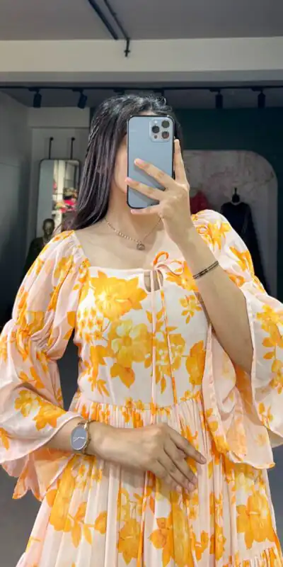 YNF 5014 Yellow Color Georgette Floral Printed Work Gown Casual, Wedding, Festive, Events, Designer Party Wear, Delivery 4-6 Working Days @1849 | Gowns, Bollywood Gowns, Creative Gowns, Designer Gowns, Embroidered Gowns, Party Wear Gowns