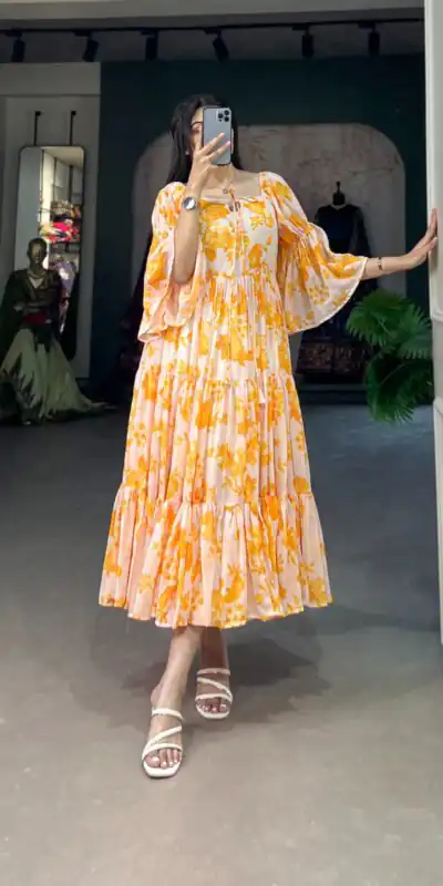 YNF 5014 Yellow Color Georgette Floral Printed Work Gown Casual, Wedding, Festive, Events, Designer Party Wear, Delivery 4-6 Working Days @1849 | Gowns, Bollywood Gowns, Creative Gowns, Designer Gowns, Embroidered Gowns, Party Wear Gowns