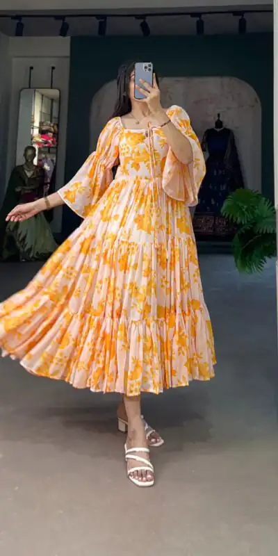 YNF 5014 Yellow Color Georgette Floral Printed Work Gown Casual, Wedding, Festive, Events, Designer Party Wear, Delivery 4-6 Working Days @1849 | Gowns, Bollywood Gowns, Creative Gowns, Designer Gowns, Embroidered Gowns, Party Wear Gowns