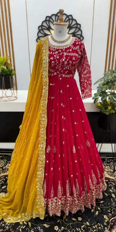 SR 1584 Red Color Georgette Embroidery Sequence Gown Casual, Wedding, Party, Festive, Events Etc. Expected Delivery 4-6 Working Days @2199/- | Gowns, Bollywood Gowns, Creative Gowns, Designer Gowns, Embroidered Gowns, Party Wear Gowns