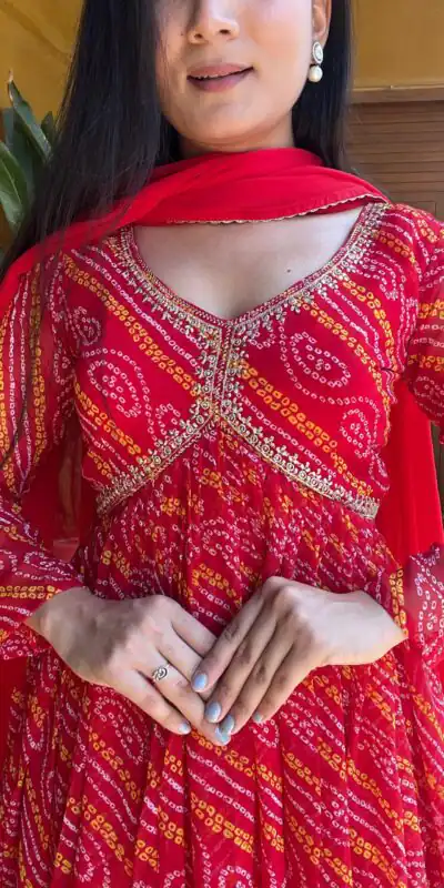   Ram 004 Red Color Pure Bandhini Embroidery Lace Work Gown Casual, Wedding, Party, Festive, Events Etc. Expected Delivery 4-6 Working Days @1899/- | Gowns, Bollywood Gowns, Creative Gowns, Designer Gowns, Embroidered Gowns, Party Wear Gowns