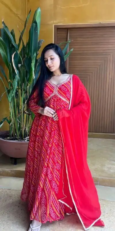 Ram 004 Red Color Pure Bandhini Embroidery Lace Work Gown Casual, Wedding, Party, Festive, Events Etc. Expected Delivery 4-6 Working Days @1899/- | Gowns, Bollywood Gowns, Creative Gowns, Designer Gowns, Embroidered Gowns, Party Wear Gowns