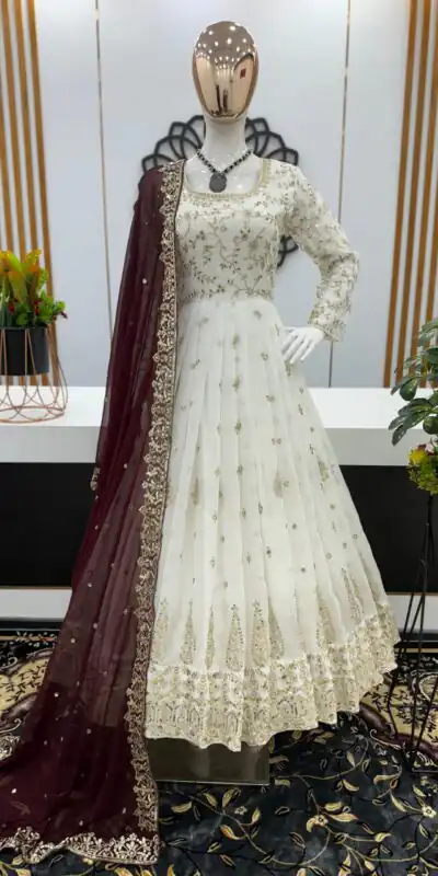 SR 1584 White Color Georgette Embroidery Sequence Gown Casual, Wedding, Party, Festive, Events Etc. Expected Delivery 4-6 Working Days @2199/- | Gowns, Bollywood Gowns, Creative Gowns, Designer Gowns, Embroidered Gowns, Party Wear Gowns