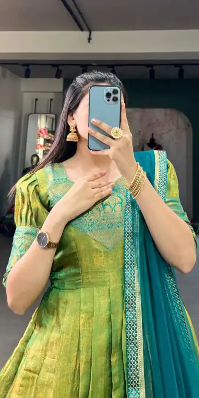 YNF 5307 Parrot Green Color Kanjivaram Zari Weaving Work Gown Casual, Wedding, Festive, Events, Designer Party Wear, Delivery 4-6 Working Days @1849 | Gowns, Bollywood Gowns, Creative Gowns, Designer Gowns, Embroidered Gowns, Party Wear Gowns