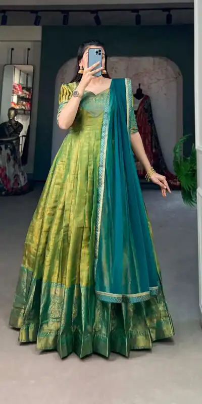 YNF 5307 Parrot Green Color Kanjivaram Zari Weaving Work Gown Casual, Wedding, Festive, Events, Designer Party Wear, Delivery 4-6 Working Days @1849 | Gowns, Bollywood Gowns, Creative Gowns, Designer Gowns, Embroidered Gowns, Party Wear Gowns