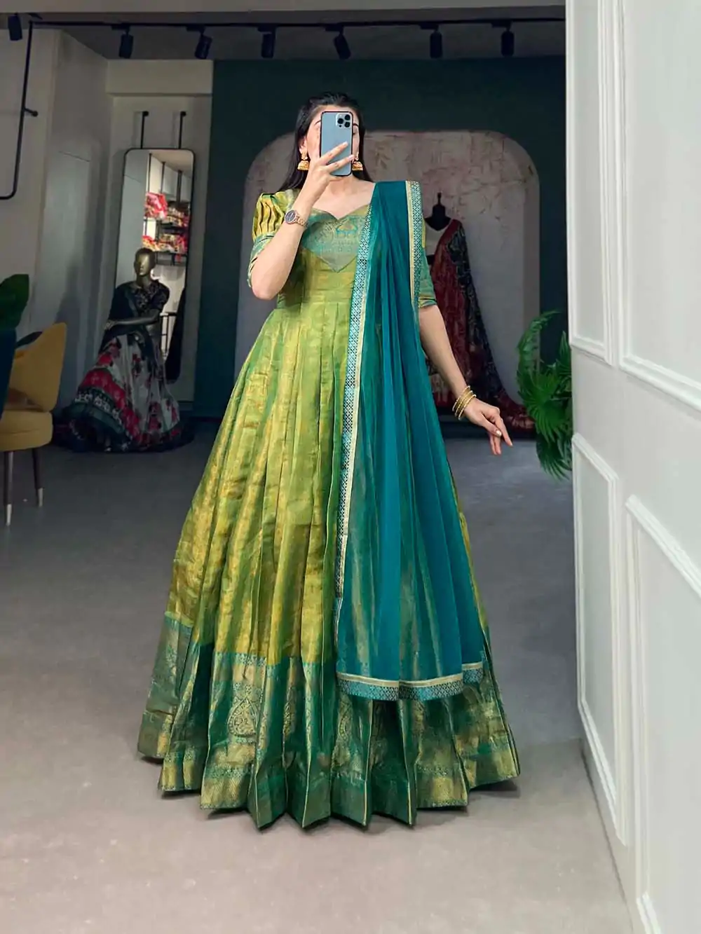 YNF 5307 Parrot Green Color Kanjivaram Zari Weaving Work Gown Casual, Wedding, Festive, Events, Designer Party Wear, Delivery 4-6 Working Days @1849 | Gowns, Bollywood Gowns, Creative Gowns, Designer Gowns, Embroidered Gowns, Party Wear Gowns
