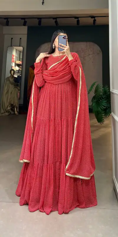 YNF 5006 Red Color Georgette Printed Weaving Work Gown Casual, Wedding, Festive, Events, Designer Party Wear, Delivery 4-6 Working Days @1999 | Gowns, Bollywood Gowns, Creative Gowns, Designer Gowns, Embroidered Gowns, Party Wear Gowns