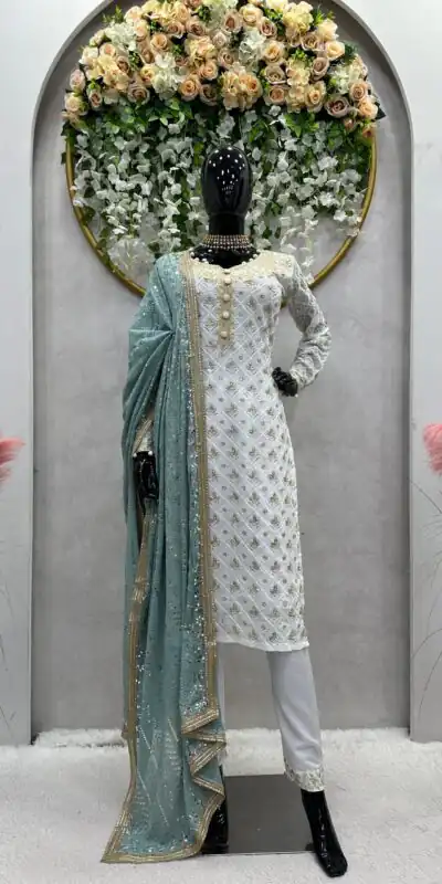 RTC 5699 White & Firozi Color Foix Georgette Thread Sequence Work Salwar Suit Wedding, Party, Festive, Events Etc. Expected Delivery 4-6 Working Days @2499/ | Jump Suits, Salwar suit, Designer Suits, Casual Suits, Creative suits, Palazzo Suits, Party Wear Suits, Patiala Suits, Straight Suits