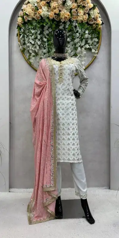 RTC 5699 White & Pink Color Foix Georgette Thread Sequence Work Salwar Suit Wedding, Party, Festive, Events Etc. Expected Delivery 4-6 Working Days @2499/ | Jump Suits, Salwar suit, Designer Suits, Casual Suits, Creative suits, Palazzo Suits, Party Wear Suits, Patiala Suits, Straight Suits