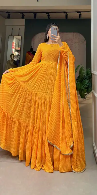 YNF 5006 Yellow Color Georgette Printed Weaving Work Gown Casual, Wedding, Festive, Events, Designer Party Wear, Delivery 4-6 Working Days @1999 | Gowns, Bollywood Gowns, Creative Gowns, Designer Gowns, Embroidered Gowns, Party Wear Gowns