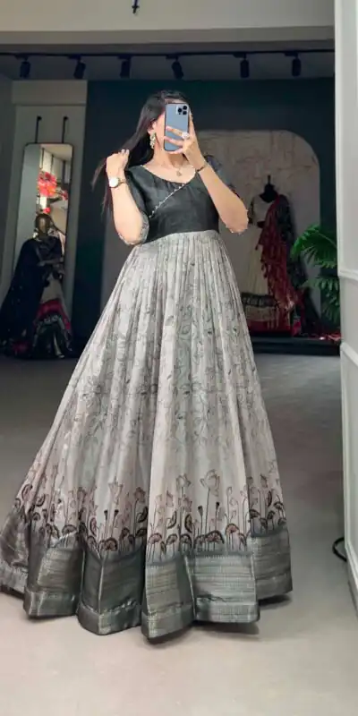 YNF 5021 Grey Color Tussar Silk Printed Weaving Border Gown Casual, Wedding, Festive, Events, Designer Party Wear, Delivery 4-6 Working Days @1749 | Gowns, Bollywood Gowns, Creative Gowns, Designer Gowns, Embroidered Gowns, Party Wear Gowns