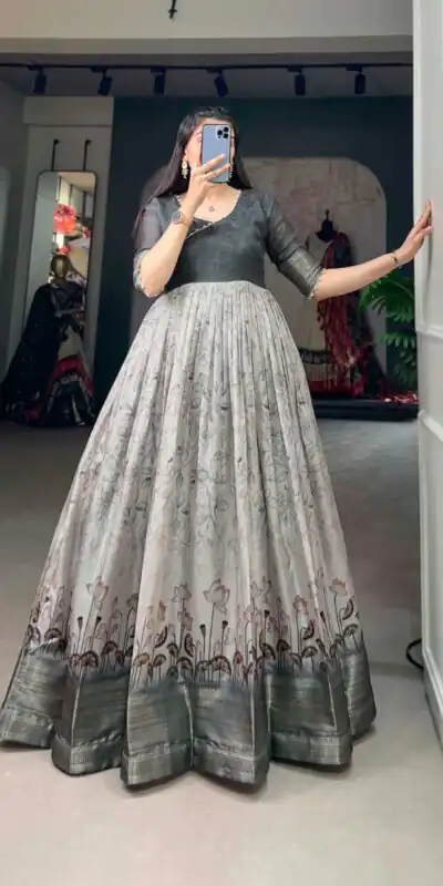 YNF 5021 Grey Color Tussar Silk Printed Weaving Border Gown Casual, Wedding, Festive, Events, Designer Party Wear, Delivery 4-6 Working Days @1749 | Gowns, Bollywood Gowns, Creative Gowns, Designer Gowns, Embroidered Gowns, Party Wear Gowns