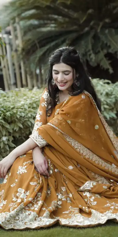 NF 1227 Mustard Color Georgette Embroidery Sequence Salwar Suit Casual, Wedding, Party, Festive, Events . Expected Delivery 4-6 Working Days @2449 | Anarkali Suits, Bollywood Anarkali, Creative-Anarkali, Designer Anarkali, Embroidered Anarkali, Party Wear Anarkali