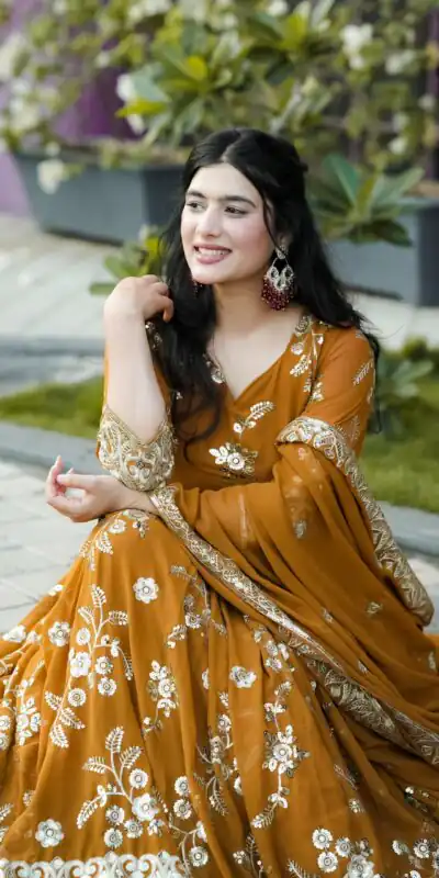 NF 1227 Mustard Color Georgette Embroidery Sequence Salwar Suit Casual, Wedding, Party, Festive, Events . Expected Delivery  4-6 Working Days @2449 | Anarkali Suits, Bollywood Anarkali, Creative-Anarkali, Designer Anarkali, Embroidered Anarkali, Party Wear Anarkali