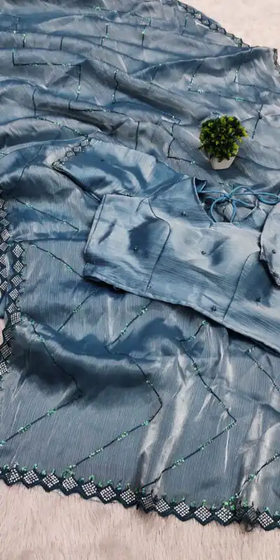 MB 3282 Blue Color Jimmy Cho Embellished Sequins Saree Casual, Wedding, Party, Festival, Events, Etc. Expected Delivery 4-6 Working Days @2100/- | Sarees, Bollywood Sarees, Creative Sarees, Designer Sarees, Embroidered Sarees, Ethnic Saree, Modern Digital sarees, Party Wear Sarees