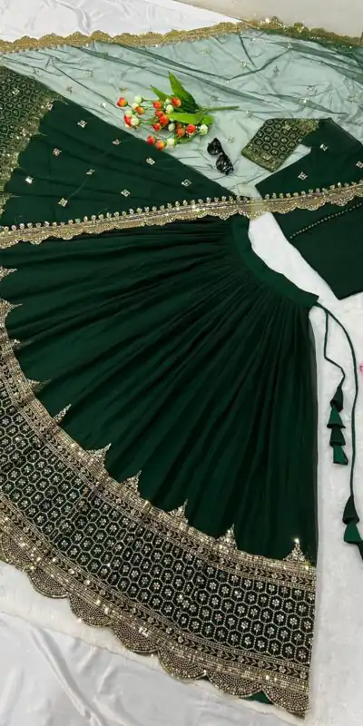 ZF 204 Dark Green Color Faux Georgette Heavy Embroidery Sequence Work Lehenga Choli Wedding, Party, Events Etc. Expected Delivery 4-6 Working Days 1899/- | Lehenga, Bollywood Lehenga, Creative Lehenga, Designer Lehenga, Embroidered Lehenga, Party Wear Lehenga