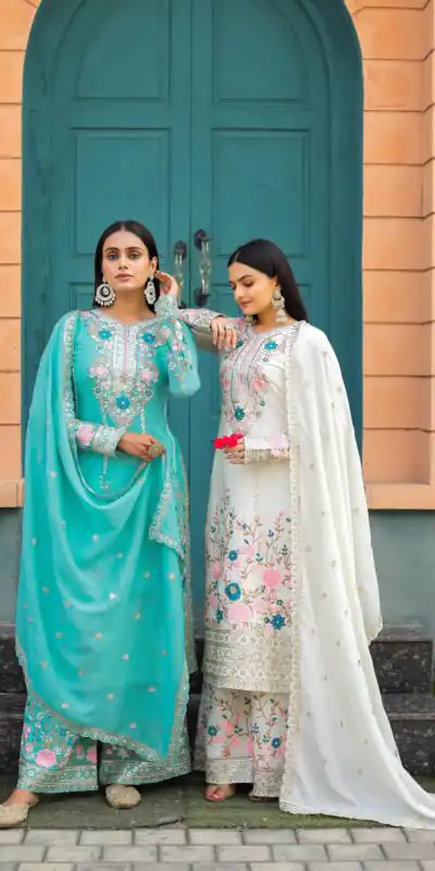 AD 140 Firozi Color Chinon Silk Diamond Work Sharara Suit Casual, Wedding, Party, Festive, Events Etc. Expected Delivery 4-6 Working Days @2599/- | Jump Suits, Salwar suit, Designer Suits, Casual Suits, Creative suits, Palazzo Suits, Party Wear Suits, Patiala Suits, Straight Suits