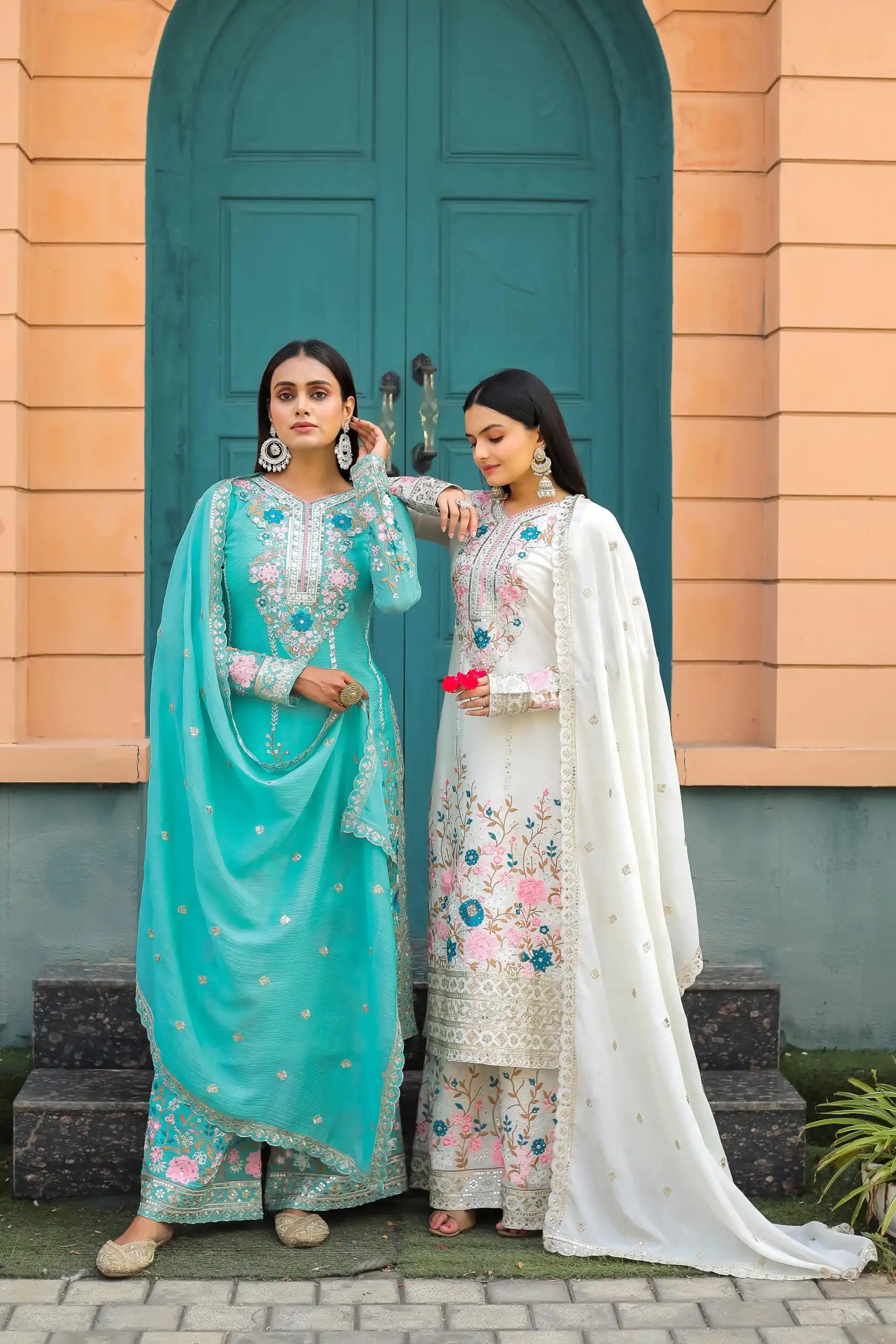 AD 140 Firozi Color Chinon Silk Diamond  Work Sharara Suit Casual, Wedding, Party, Festive, Events Etc. Expected Delivery 4-6 Working Days @2599/- | Jump Suits, Salwar suit, Designer Suits, Casual Suits, Creative suits, Palazzo Suits, Party Wear Suits, Patiala Suits, Straight Suits