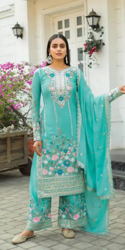 AD 140 Firozi Color Chinon Silk Diamond Work Sharara Suit Casual, Wedding, Party, Festive, Events Etc. Expected Delivery 4-6 Working Days @2599/- | Jump Suits, Salwar suit, Designer Suits, Casual Suits, Creative suits, Palazzo Suits, Party Wear Suits, Patiala Suits, Straight Suits