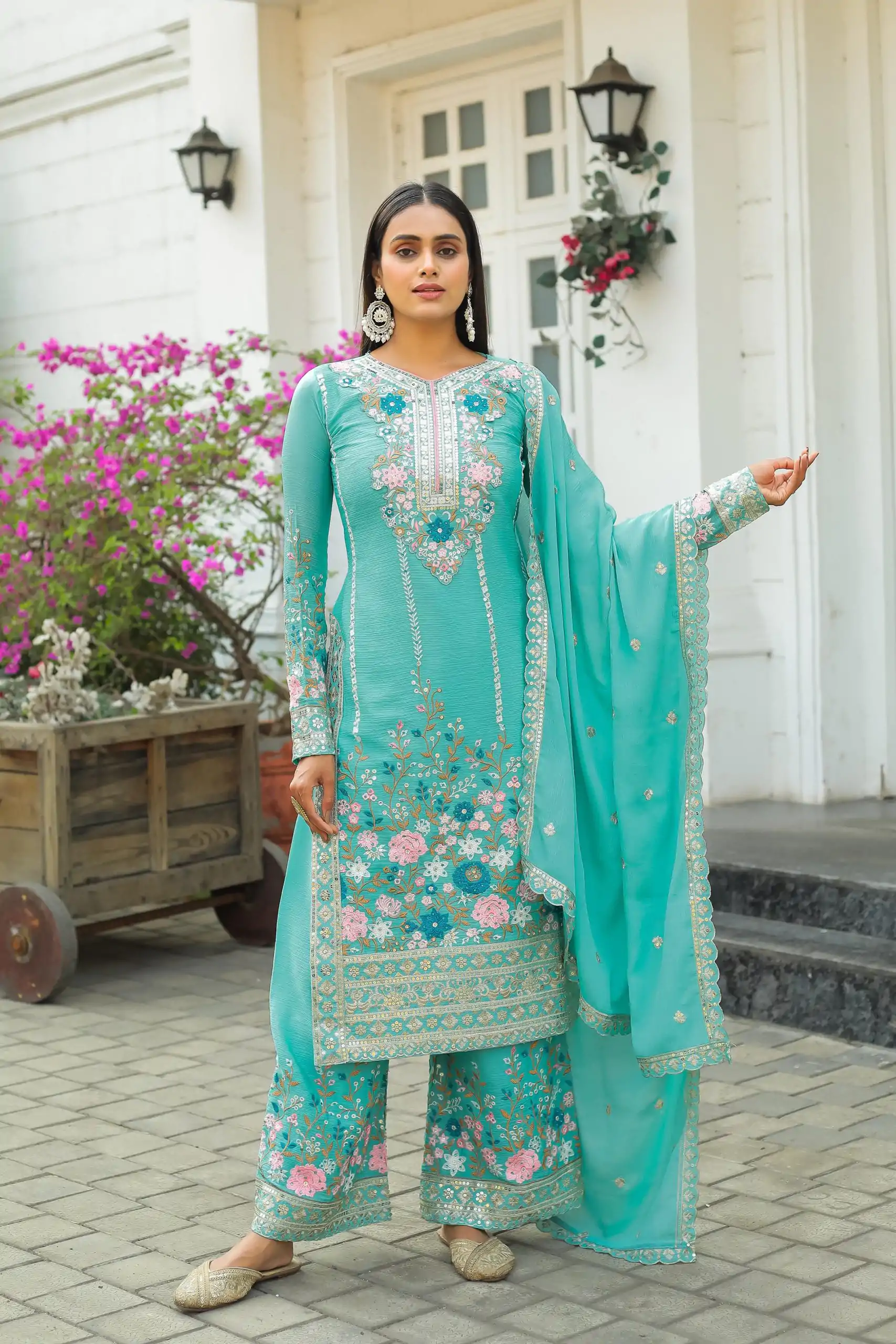 AD 140 Firozi Color Chinon Silk Diamond  Work Sharara Suit Casual, Wedding, Party, Festive, Events Etc. Expected Delivery 4-6 Working Days @2599/- | Jump Suits, Salwar suit, Designer Suits, Casual Suits, Creative suits, Palazzo Suits, Party Wear Suits, Patiala Suits, Straight Suits