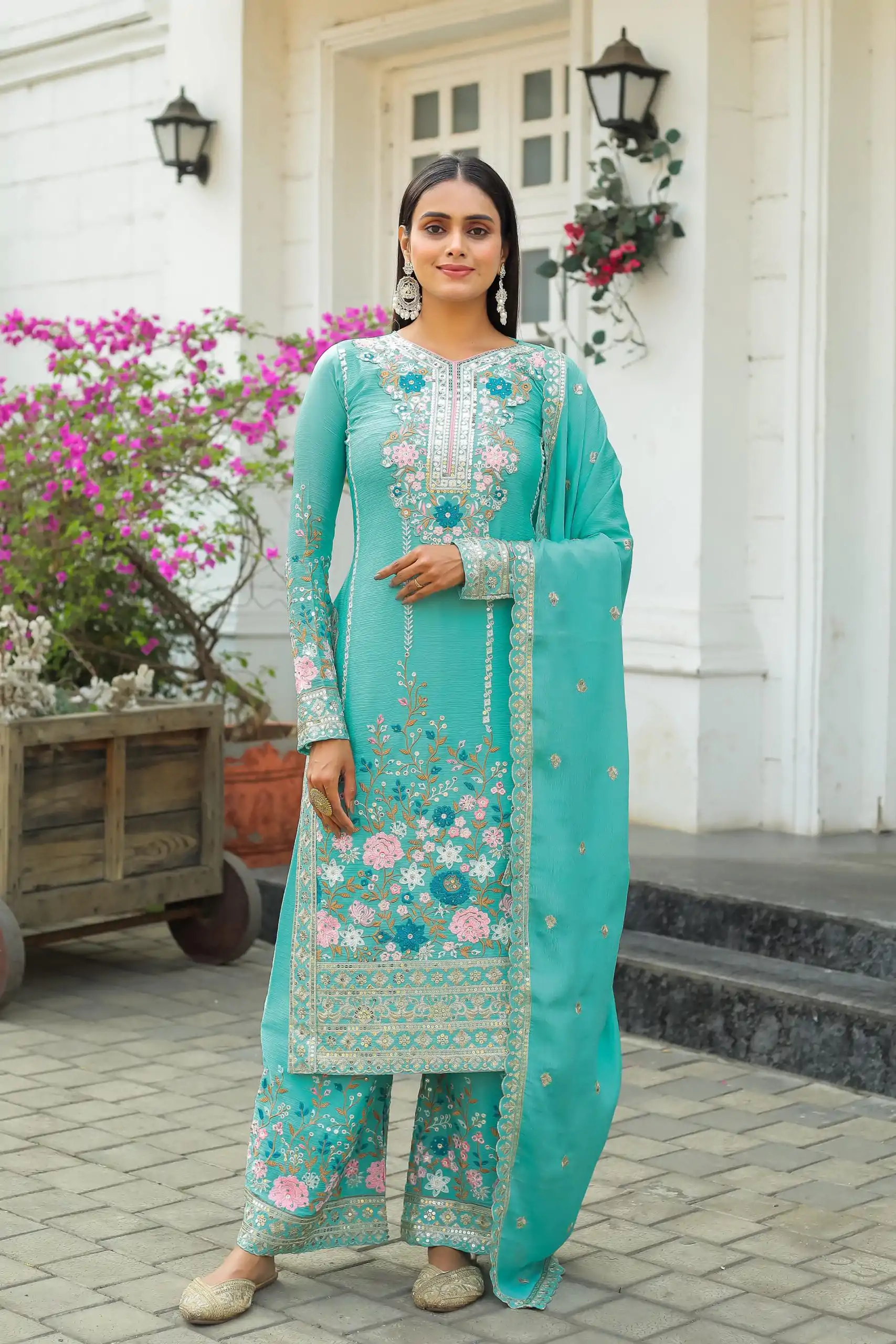 AD 140 Firozi Color Chinon Silk Diamond  Work Sharara Suit Casual, Wedding, Party, Festive, Events Etc. Expected Delivery 4-6 Working Days @2599/- | Jump Suits, Salwar suit, Designer Suits, Casual Suits, Creative suits, Palazzo Suits, Party Wear Suits, Patiala Suits, Straight Suits