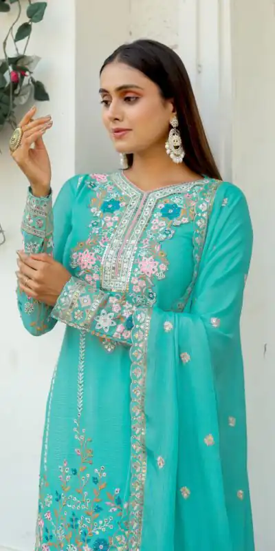 AD 140 Firozi Color Chinon Silk Diamond  Work Sharara Suit Casual, Wedding, Party, Festive, Events Etc. Expected Delivery 4-6 Working Days @2599/- | Jump Suits, Salwar suit, Designer Suits, Casual Suits, Creative suits, Palazzo Suits, Party Wear Suits, Patiala Suits, Straight Suits