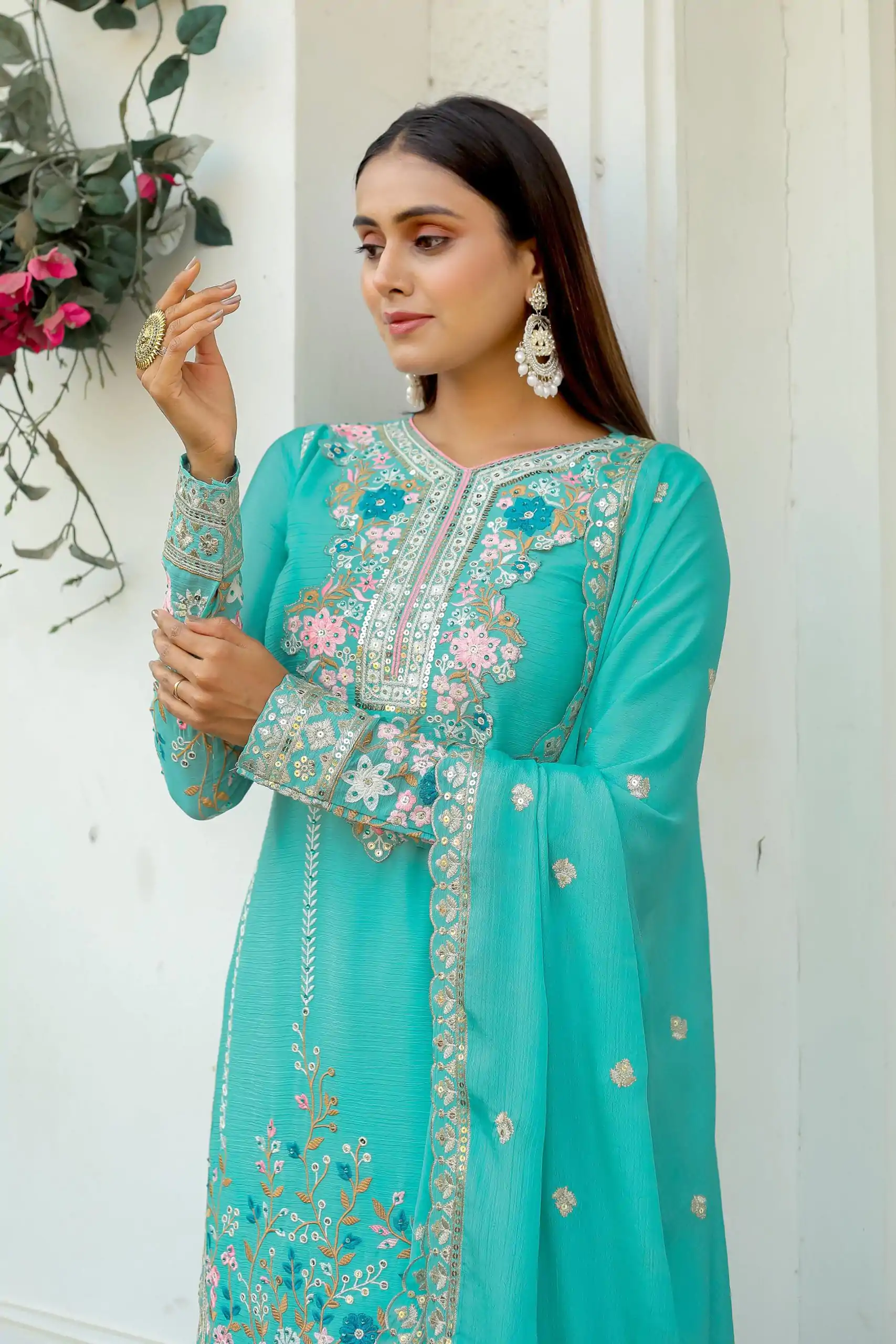 AD 140 Firozi Color Chinon Silk Diamond  Work Sharara Suit Casual, Wedding, Party, Festive, Events Etc. Expected Delivery 4-6 Working Days @2599/- | Jump Suits, Salwar suit, Designer Suits, Casual Suits, Creative suits, Palazzo Suits, Party Wear Suits, Patiala Suits, Straight Suits
