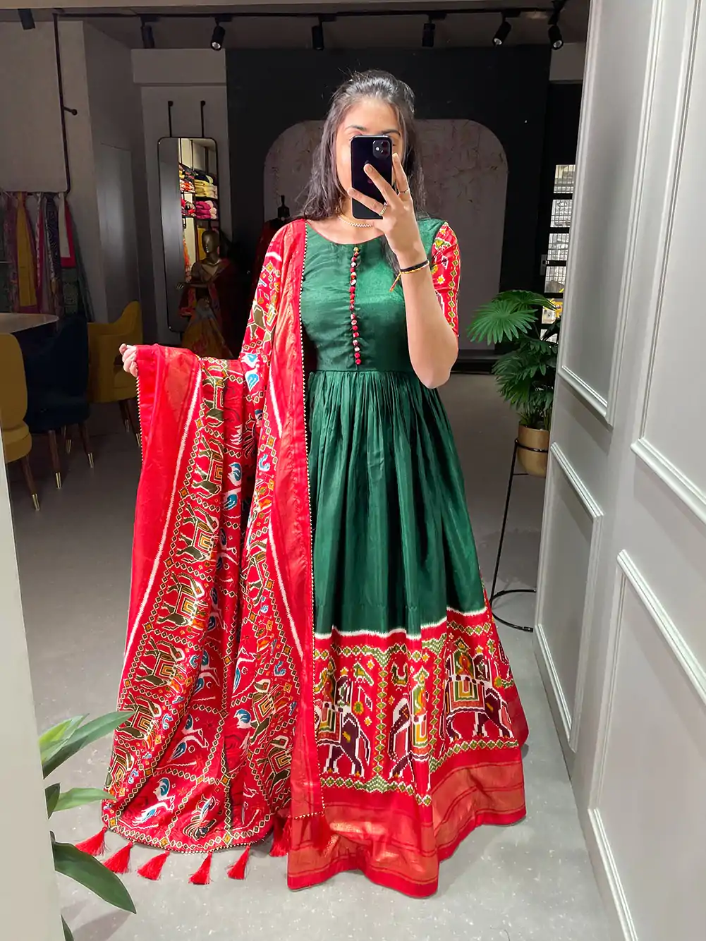 YNF 5023 Green Color Dola Silk Patola Foil Printed Work Gown Casual, Wedding, Festive, Events, Designer Party Wear, Delivery 4-6 Working Days @1799 | Gowns, Bollywood Gowns, Creative Gowns, Designer Gowns, Embroidered Gowns, Party Wear Gowns