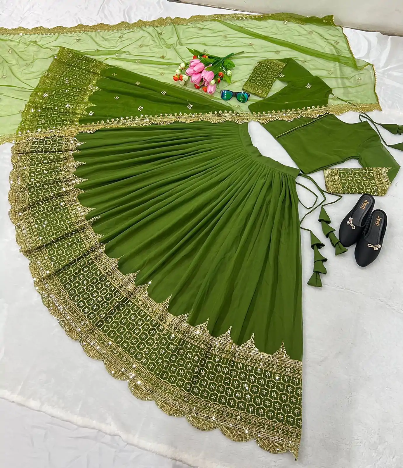 ZF 204 Green Color Faux Georgette Heavy Embroidery Sequence Work Lehenga Choli Wedding, Party, Events Etc. Expected Delivery 4-6 Working Days 1899/- | Lehenga, Bollywood Lehenga, Creative Lehenga, Designer Lehenga, Embroidered Lehenga, Party Wear Lehenga