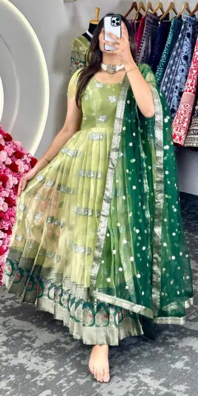 KD 8074 Green Color Kota Silk Weaving Jacquard With Koti Gown Casual, Party, Wedding, Festive, Events Etc.  Expected Delivery  4-6 Working Days @2099/- Only | Gowns, Bollywood Gowns, Creative Gowns, Designer Gowns, Embroidered Gowns, Party Wear Gowns