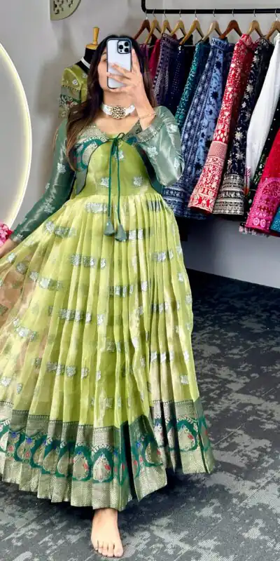 KD 8074 Green Color Kota Silk Weaving Jacquard With Koti Gown Casual, Party, Wedding, Festive, Events Etc. Expected Delivery 4-6 Working Days @2099/- Only | Gowns, Bollywood Gowns, Creative Gowns, Designer Gowns, Embroidered Gowns, Party Wear Gowns