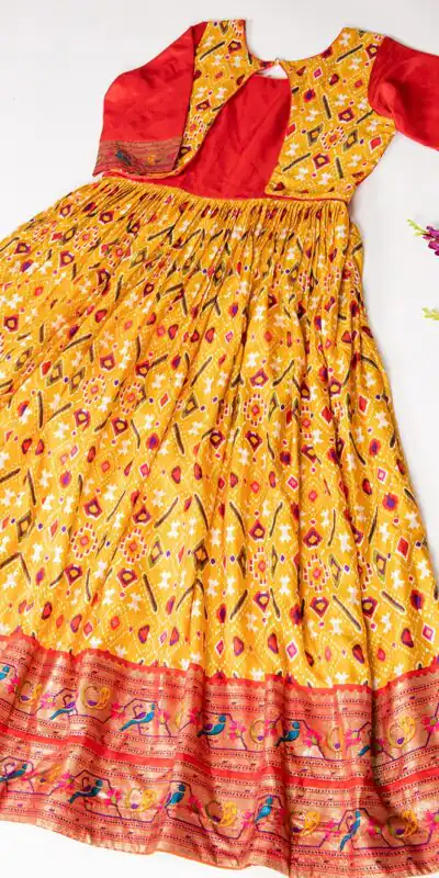 YNF 5028 Mustard Color Dola Silk Patola Paithani Printed Gown Casual, Wedding, Festive, Events, Designer Party Wear, Delivery 4-6 Working Days @1699 | Gowns, Bollywood Gowns, Creative Gowns, Designer Gowns, Embroidered Gowns, Party Wear Gowns