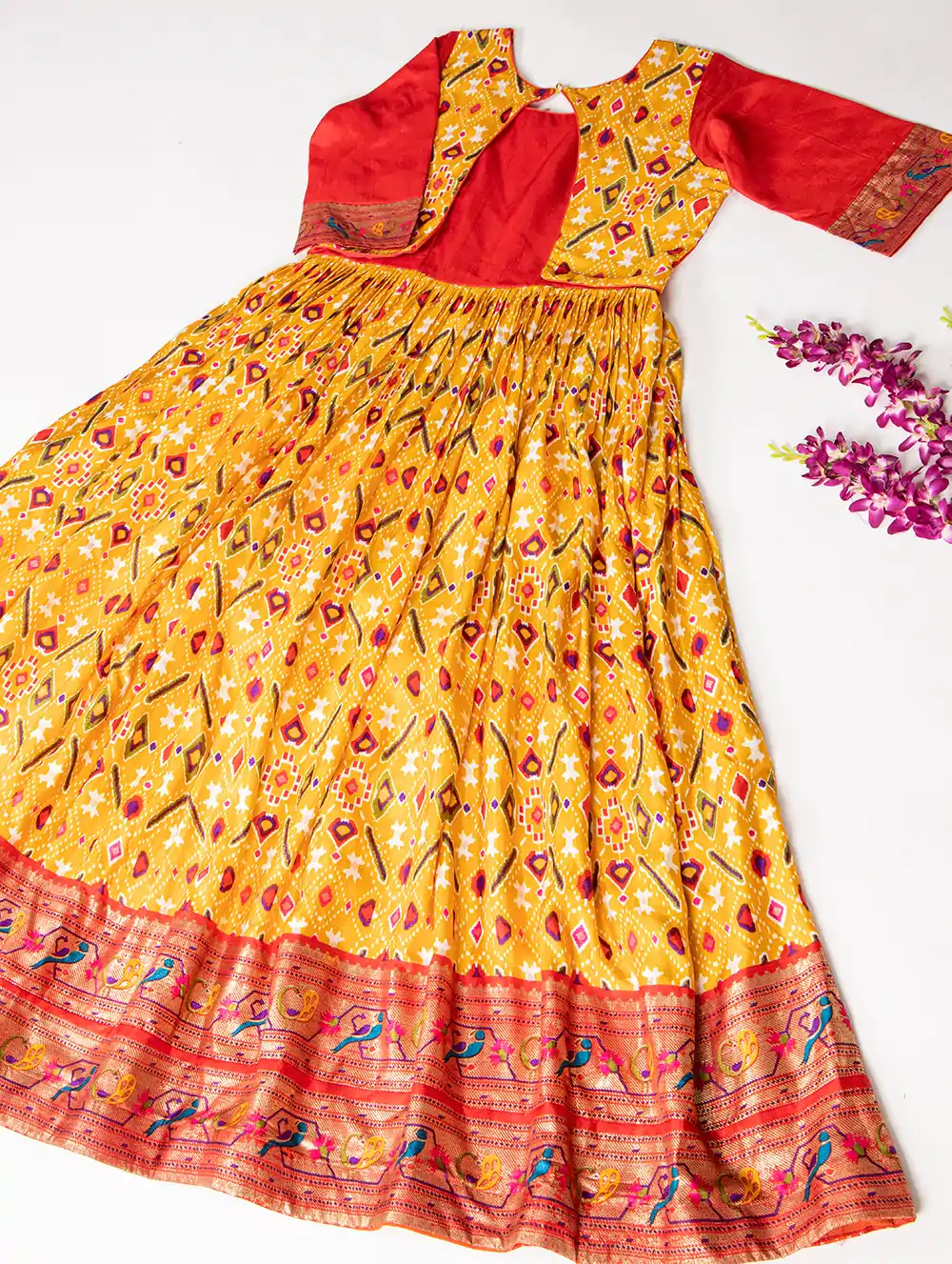 YNF 5028 Mustard Color Dola Silk Patola Paithani Printed Gown Casual, Wedding, Festive, Events, Designer Party Wear, Delivery 4-6 Working Days @1699 | Gowns, Bollywood Gowns, Creative Gowns, Designer Gowns, Embroidered Gowns, Party Wear Gowns