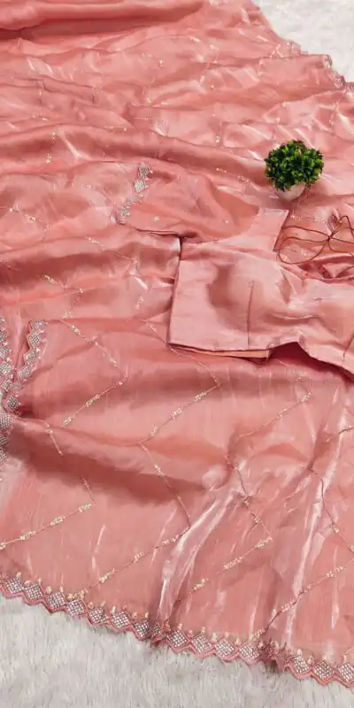 MB 3282 Peach Color Jimmy Cho Embellished Sequins Saree Casual, Wedding, Party, Festival, Events, Etc. Expected Delivery 4-6 Working Days @2100/- | Sarees, Bollywood Sarees, Creative Sarees, Designer Sarees, Embroidered Sarees, Ethnic Saree, Modern Digital sarees, Party Wear Sarees
