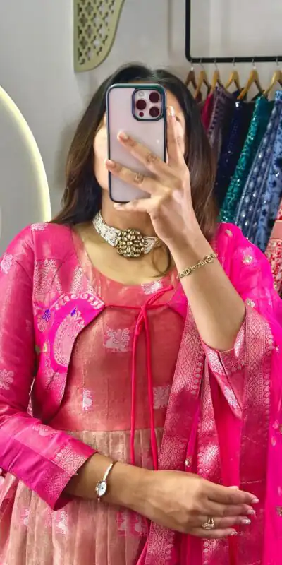 KD 8074 Pink Color Kota Silk Weaving Jacquard With Koti Gown Casual, Party, Wedding, Festive, Events Etc. Expected Delivery 4-6 Working Days @2099/- Only | Gowns, Bollywood Gowns, Creative Gowns, Designer Gowns, Embroidered Gowns, Party Wear Gowns