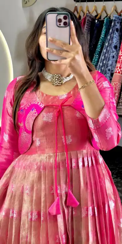 KD 8074 Pink Color Kota Silk Weaving Jacquard With Koti Gown Casual, Party, Wedding, Festive, Events Etc. Expected Delivery 4-6 Working Days @2099/- Only | Gowns, Bollywood Gowns, Creative Gowns, Designer Gowns, Embroidered Gowns, Party Wear Gowns