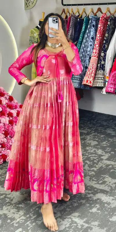 KD 8074 Pink Color Kota Silk Weaving Jacquard With Koti Gown Casual, Party, Wedding, Festive, Events Etc. Expected Delivery 4-6 Working Days @2099/- Only | Gowns, Bollywood Gowns, Creative Gowns, Designer Gowns, Embroidered Gowns, Party Wear Gowns