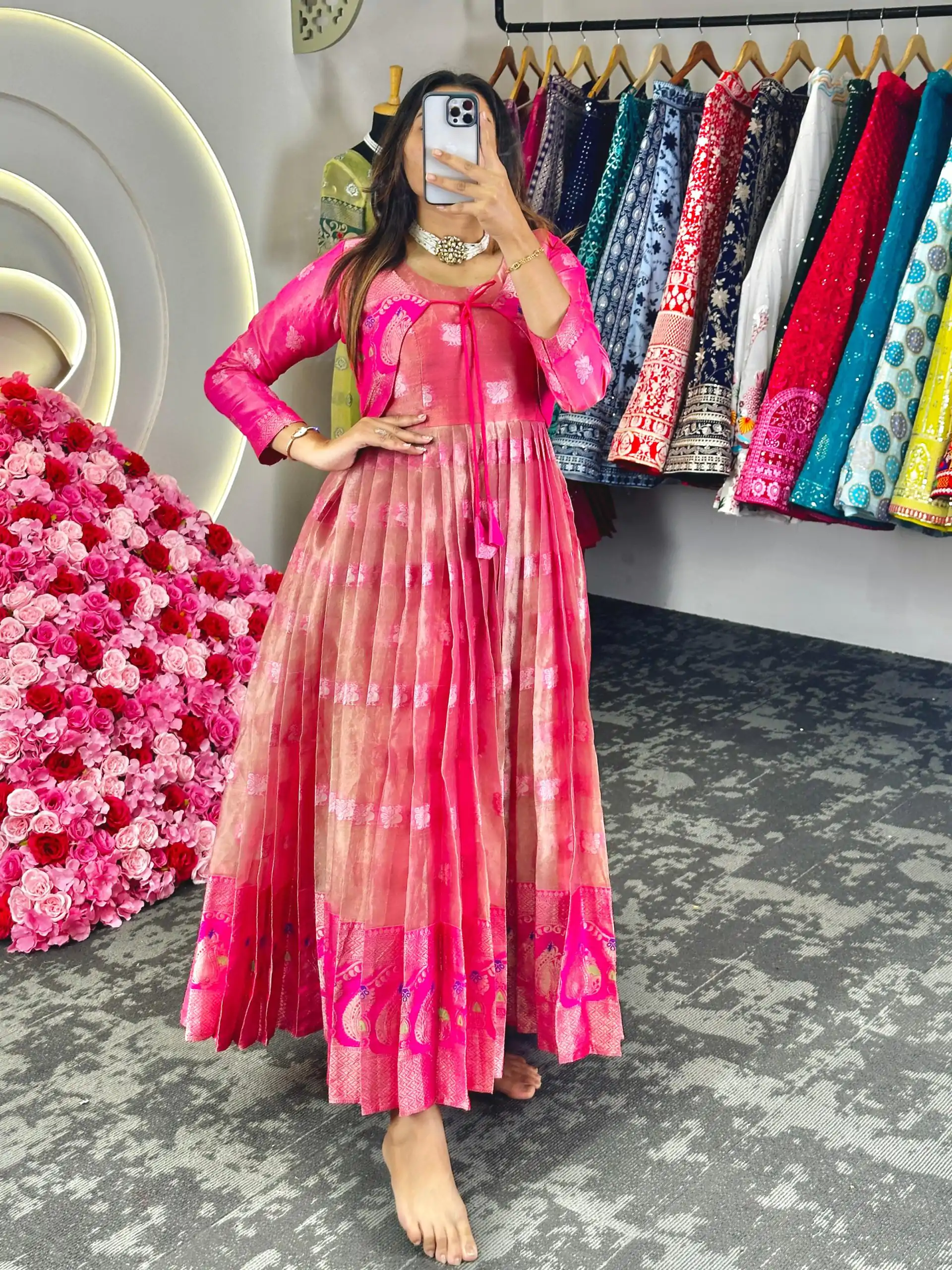 KD 8074 Pink Color Kota Silk Weaving Jacquard With Koti Gown Casual, Party, Wedding, Festive, Events Etc. Expected Delivery 4-6 Working Days @2099/- Only | Gowns, Bollywood Gowns, Creative Gowns, Designer Gowns, Embroidered Gowns, Party Wear Gowns