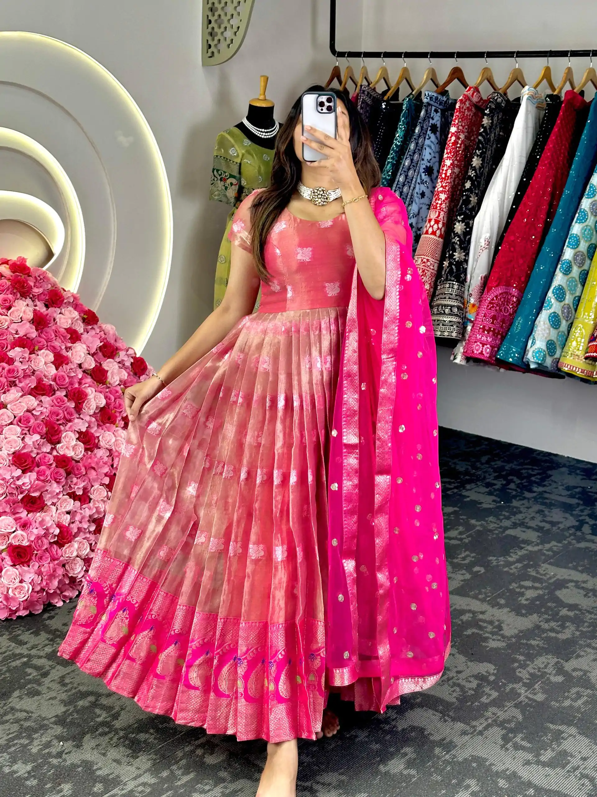 KD 8074 Pink Color Kota Silk Weaving Jacquard With Koti Gown Casual, Party, Wedding, Festive, Events Etc. Expected Delivery 4-6 Working Days @2099/- Only | Gowns, Bollywood Gowns, Creative Gowns, Designer Gowns, Embroidered Gowns, Party Wear Gowns