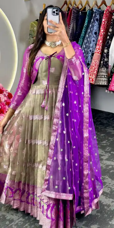 KD 8074 Purple Color Kota Silk Weaving Jacquard With Koti Gown Casual, Party, Wedding, Festive, Events Etc. Expected Delivery 4-6 Working Days @2099/- Only | Gowns, Bollywood Gowns, Creative Gowns, Designer Gowns, Embroidered Gowns, Party Wear Gowns