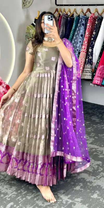 KD 8074 Purple Color Kota Silk Weaving Jacquard With Koti Gown Casual, Party, Wedding, Festive, Events Etc.  Expected Delivery  4-6 Working Days @2099/- Only | Gowns, Bollywood Gowns, Creative Gowns, Designer Gowns, Embroidered Gowns, Party Wear Gowns
