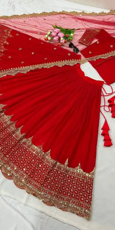ZF 204 Red Color Faux Georgette Heavy Embroidery Sequence Work Lehenga Choli Wedding, Party, Events Etc. Expected Delivery 4-6 Working Days 1899/- | Lehenga, Bollywood Lehenga, Creative Lehenga, Designer Lehenga, Embroidered Lehenga, Party Wear Lehenga