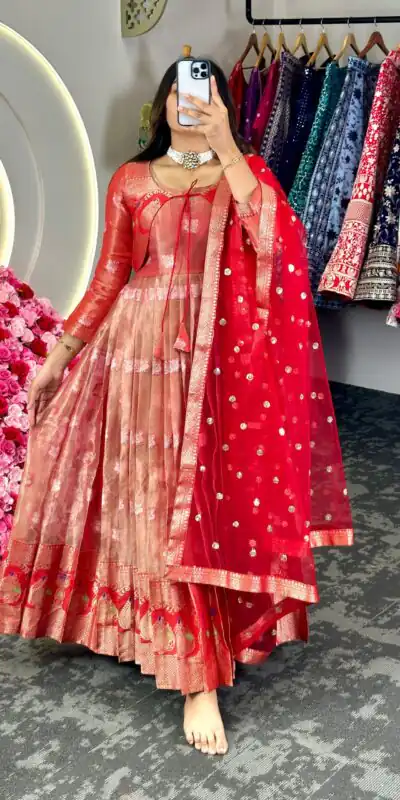 KD 8074 Red Color Kota Silk Weaving Jacquard With Koti Gown Casual, Party, Wedding, Festive, Events Etc.  Expected Delivery  4-6 Working Days @2099/- Only | Gowns, Bollywood Gowns, Creative Gowns, Designer Gowns, Embroidered Gowns, Party Wear Gowns