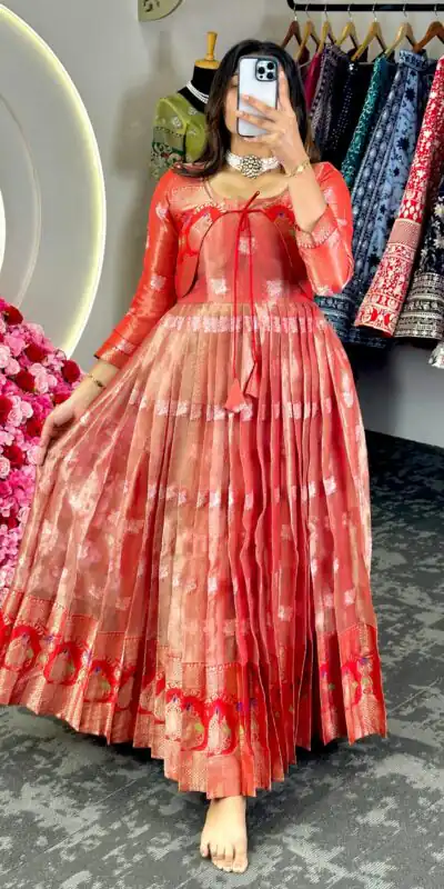 KD 8074 Red Color Kota Silk Weaving Jacquard With Koti Gown Casual, Party, Wedding, Festive, Events Etc. Expected Delivery 4-6 Working Days @2099/- Only | Gowns, Bollywood Gowns, Creative Gowns, Designer Gowns, Embroidered Gowns, Party Wear Gowns