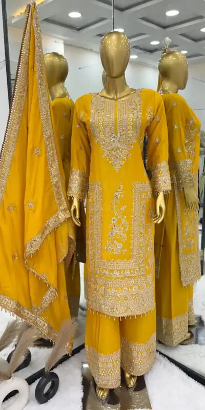 SRK 5146 Yellow Color Pure Chinnon Silk Embroidery Coding Dori Salwar Suit Wedding, Party, Festive, Events Expected Delivery 4-6 Working Days @ 2199/- | Jump Suits, Salwar suit, Designer Suits, Casual Suits, Creative suits, Palazzo Suits, Party Wear Suits, Patiala Suits, Straight Suits