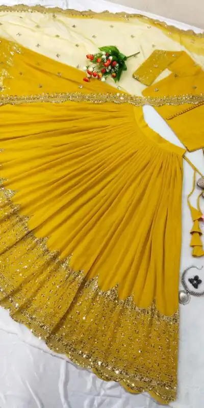 ZF 204 Yellow Color Faux Georgette Heavy Embroidery Sequence Work Lehenga Choli Wedding, Party, Events Etc. Expected Delivery 4-6 Working Days 1899/- | Lehenga, Bollywood Lehenga, Creative Lehenga, Designer Lehenga, Embroidered Lehenga, Party Wear Lehenga