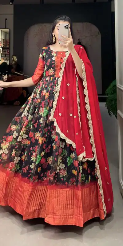 YNF 5022 Black Color Soft Chanderi Printed Weaving Work Gown Casual, Wedding, Festive, Events, Designer Party Wear, Delivery 4-6 Working Days @1899 | Gowns, Bollywood Gowns, Creative Gowns, Designer Gowns, Embroidered Gowns, Party Wear Gowns