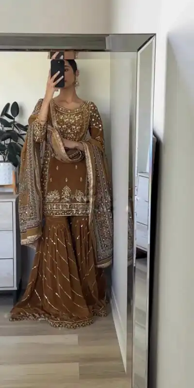 SRK 5189 Brown Color Chinnon Silk Embroidery Sequence Salwar Suit Wedding, Party, Festive, Events Expected Delivery 4-6 Working Days @ 2099/- | Jump Suits, Salwar suit, Designer Suits, Casual Suits, Creative suits, Palazzo Suits, Party Wear Suits, Patiala Suits, Straight Suits